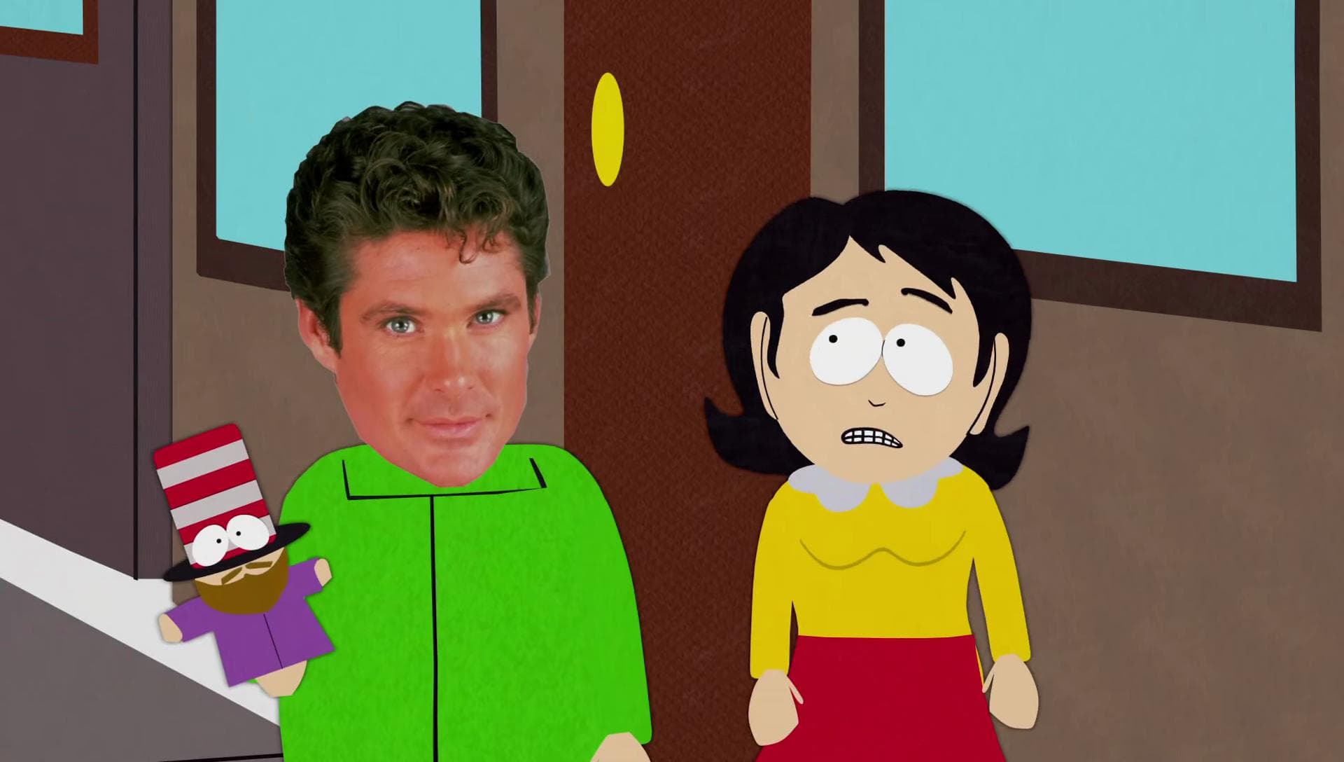 Mr. Garrison after his nose job at Tom's Rhinoplasty, his face replaced with a photograph of actor David Hasselhoff, standing beside substitute teacher Ms. Ellen with the puppet Mr. Hat on his hand.